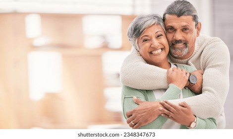 Portrait, hug and old couple with marriage, smile and happiness with bonding, romance and retirement. Home, mature man and senior woman embrace, apartment and mockup space with love, care and support - Shutterstock ID 2348347673