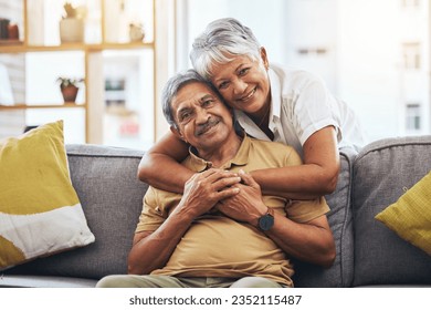 Portrait, hug and senior couple on sofa for bonding, healthy marriage and relationship in living room. Retirement, love and happy man and woman on couch embrace for trust, commitment and care at home - Powered by Shutterstock