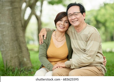 Portrait of hugging happy Vietnamese elderly couple in love