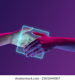 Portrait with human hands shaking hands near glowing square over minimal purple background in neon light. Concept of geometric figures, partnership, virtual reality, cooperation, technologies, ad