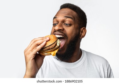 Portrait Of Hungry Black Man Eating Burger Enjoying Cheat Meal Standing Over White Background, Studio Shot. Junk Food And Male Nutrition, Unhealthy Overeating Habit