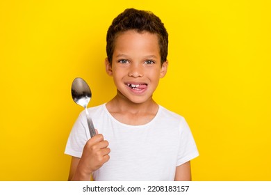 Portrait Of Hungry Starving Person Boy Dressed Stylish Trendy Clothes Wait His Supper Dessert Yummy Isolated On Yellow Color Background