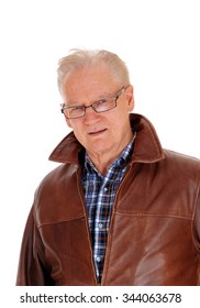 A Portrait Image Of A Handsome Older Man With Glasses And A Brown
Leather Jacket, Isolated For White Background.
