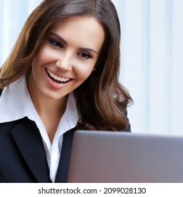 Portrait Image - Very Happy, Amazed Businesswoman In Black Confident Suit, Using Laptop At Office. Success In Business, Job And Education Concept. Square Composition. Skype Zoom Video Conference