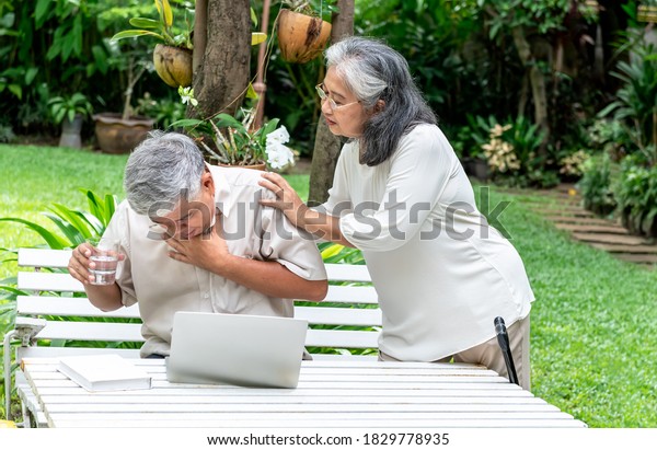 Portrait images of Asian elderly\
couple, Attractive wife taking care of husband Who suffers from\
water choking, while using a computer on a table in a green\
garden.