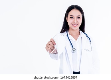 Portrait Images Of Asian Woman Doctor Holding A Mask, Concept To Health Care And Primary Disease Prevention, Such As PM 2.5 And COVID-19