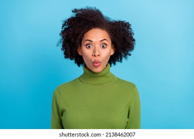 Portrait Of Impressed Pretty Person Plump Lips Look Camera Cant Believe Isolated On Blue Color Background