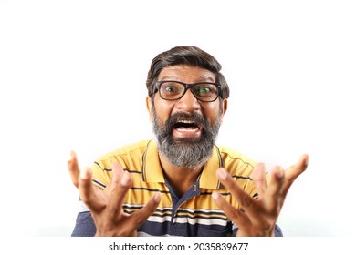 Portrait Of An Indian Bearded Happy And Excited Man Wearing Shirt Excited Face Closeup. Funky Expressions White Background.