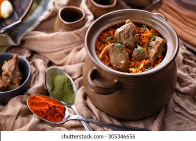 Portrait Of Indian Dum Biryani Lamb Served In A Pot