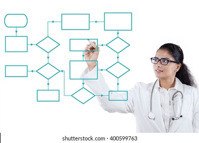 Portrait Of Indian Female Doctor Drawing A Workflow Scheme With A Marker On The Whiteboard