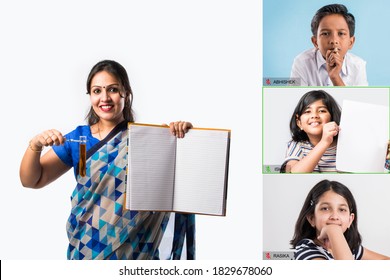 Portrait Of Indian Lady Teacher In Saree Stands Against Green, White Or Blackboard , Conducting Online Class Using Camera, Internet And Lights