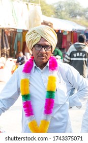 Portrait Of An Indian Male With Mustache And Colorful Turban At Surajkund Craft Fair At Faridabad, Haryana, India, February 2020