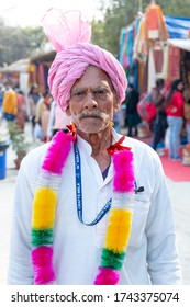 Portrait Of An Indian Male With Mustache And Colorful Turban At Surajkund Craft Fair At Faridabad, Haryana, India, February 2020