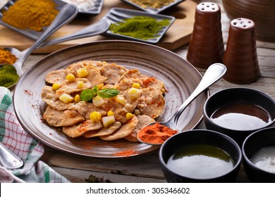 Portrait Of Indian Snack Papri Chaat With Sauces