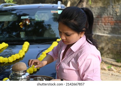 Portrait Of An Indian Young Woman With A New Car.