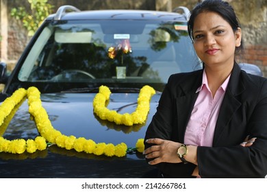 Portrait Of An Indian Young Woman With A New Car.