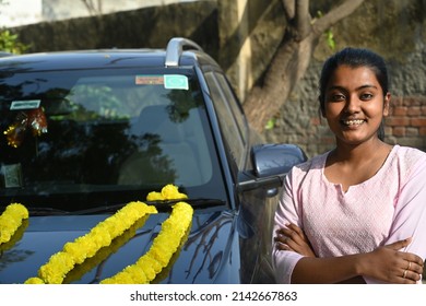 Portrait Of An Indian Young Woman With A New Car.