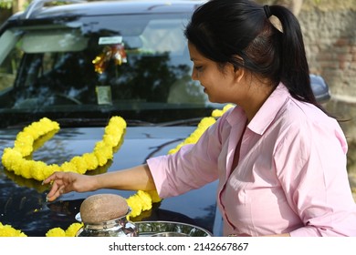 Portrait Of An Indian Young Woman With A New Car.