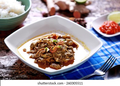 Portrait Of Indonesian Food Gulai Kambing Served With Rice