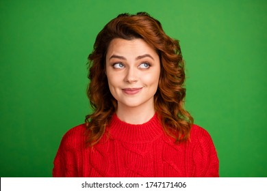 Portrait Of Interested Curious Girl Look Think Thoughts Decide Weekend Holiday Decisions Wear Knitted Fall Jumper Isolated Over Vibrant Color Background