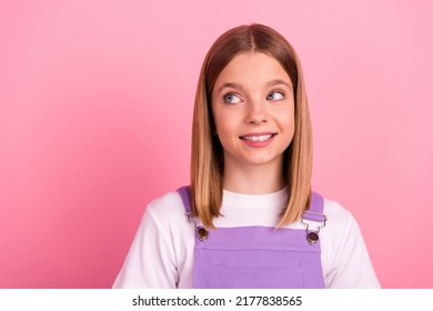 Portrait Of Interested Female Look Empty Space Wondering See Promotion Poster Isolated On Pink Color Background