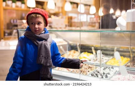 Portrait Of Interested Tween Boy In Warm Clothes Pointing To Ice Cream Display Case Asking To Buy Favorite Treat For Him