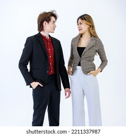 Portrait Isolated Cutout Full Body Studio Shot Millennial Asian Successful Professional Male Businessman And Female Businesswoman Employee In Formal Suit Standing Posing Together On White Background.