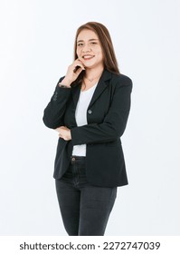 Portrait isolated cutout studio full body shot of Asian confident female professional successful businesswoman in formal black suit high heels standing post look at camera on white background - Shutterstock ID 2272747039