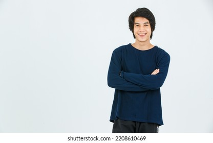 Portrait Isolated Full Body Studio Shot Asian Young Handsome Confident Slim Healthy Athletic Teen Fashion Male Model In Long Sleeve Shirt Sport Pants And Sneaker Walking Posing On White Background.