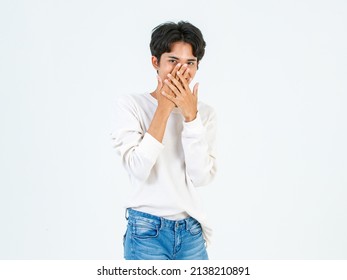 Portrait Isolated Studio Shot Of Asian Young LGBTQ Gay Glamour Happy Handsome Bisexual Homosexual Male Fashion Model In Casual Outfit Standing Straight Smiling Look At Camera On White Background.