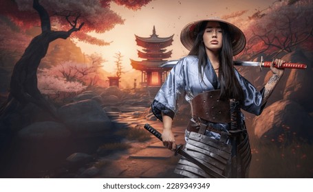 Portrait of japanese female warrior dressed in kimono and holding paired katanas.