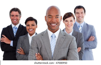 Portrait Of Joyful Business Team Against A White Background