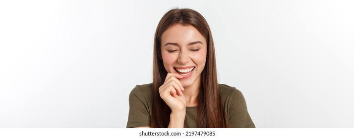 Portrait Joyful Outgoing Woman Likes Laugh Out Loud Not Hiding Emotions Giggling Chuckling Facepalm Close Eyes Smiling Broadly White Background