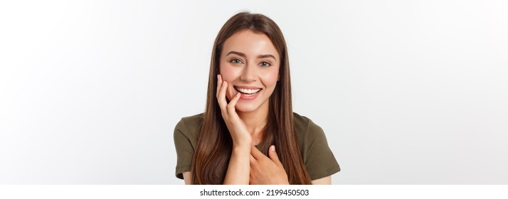 Portrait Joyful Outgoing Woman Likes Laugh Out Loud Not Hiding Emotions Giggling Chuckling Facepalm Close Eyes Smiling Broadly White Background