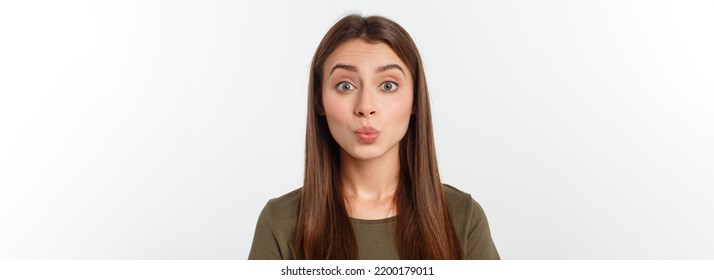 Portrait Joyful Outgoing Woman Likes Laugh Out Loud Not Hiding Emotions Giggling Chuckling Facepalm Close Eyes Smiling Broadly White Background