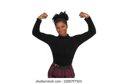 Portrait Of Joyous African American Woman. Female Model In Turtleneck With Curly Hair Looking At Camera, Gesturing. Portrait, Studio Shot, Emotion Concept