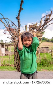  Portrait of  Khasi Tribal child carrying dry wooden sticks  on his back in bamboo basket collected from nearby  hills against sky background,  Cherrapunji‎, Sohra, Meghalaya, North East, India ,Asia 