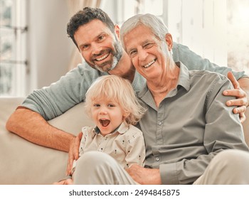 Portrait, kid and father with grandfather in home for care, relax and bonding together. Generations, grandparent and face of dad with boy in lounge for support, love and happy family laughing on sofa - Powered by Shutterstock