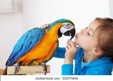 Portrait of a kid girl with her domestic ara parrot