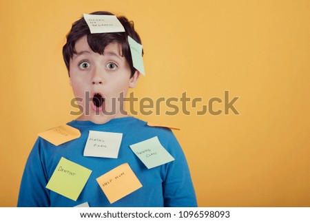 Image, Stock Photo Portrait of kid with note papers stuck on body