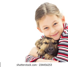 Portrait Of A Kid With A Puppy On A White Background Isolated