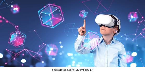 Portrait of kid schoolboy in VR virtual reality headset using immersive blockchain interface over blurry cityscape background. Concept of metaverse, cyberspace and future education - Powered by Shutterstock