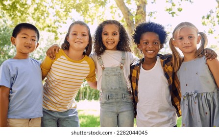 Portrait, kids and a group of friends standing in a line together outdoor, feeling happy while having fun. Diversity, school and smile with children in a row, posing arm around outside in a park - Powered by Shutterstock
