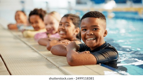 Portrait, kids and happy in room at swimming pool for training, workout and practice for child development. Diversity, friends and smile for sports challenge, tournament and games for fitness - Powered by Shutterstock