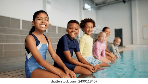 Portrait, kids and smile in group at swimming pool for training, workout and practice for child development. Diversity, friends and happy for sports challenge, tournament and games for fitness - Powered by Shutterstock