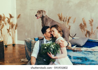 Portrait of kissing newlyweds on the wedding day. couple and a dog in the room
