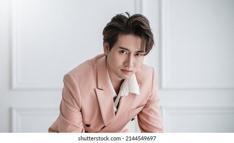 Portrait Of Korean Asian Handsome Smile Friendly Business Model Man In Pink Suit Sitting , Business Man Smart With Success, Manager Or Executive With Leadership Office Fashion Workspace.