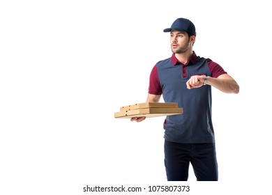 Portrait Of Late Delivery Man With Cardboard Pizza Boxes Isolated On White