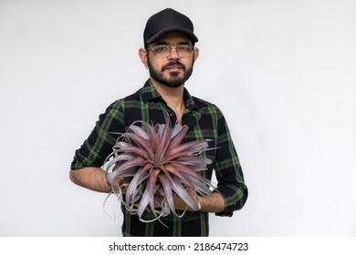 Portrait Of Latin American Male Gardener Holding A Parasitic Plant