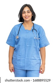 Portrait Of Latin American Mature Nurse Isolated White Background For Cut Out